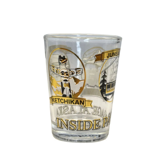 Shot glass with Inside passage text and Ketchikan design