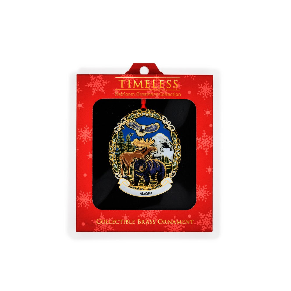 TIMELESS BRASS ORNAMENT: MTN ANIMAL COLLAGE W/KETCHIKAN, ALASKA
