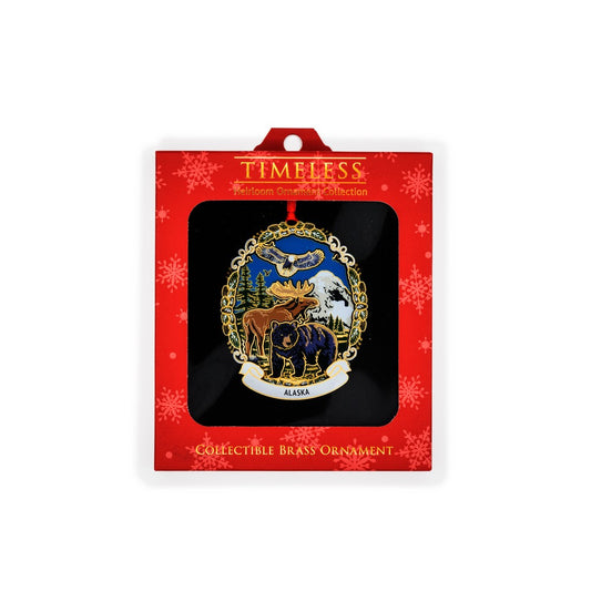 TIMELESS BRASS ORNAMENT: MTN ANIMAL COLLAGE W/KETCHIKAN, ALASKA