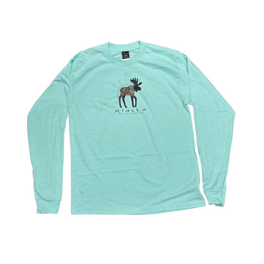 Mint green long-sleeve shirt with a moose graphic and 'Alaska' text on a white background