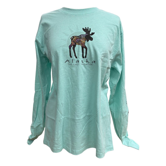 Mint green long-sleeve shirt with a moose graphic and 'Alaska The Last Frontier' text on a white background