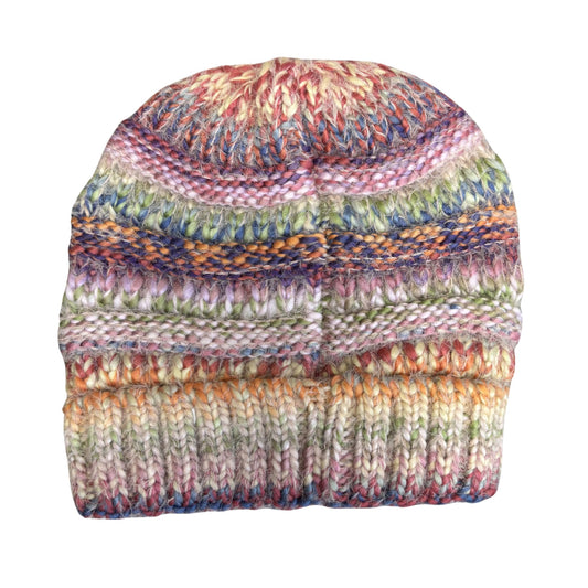 Multicolored knitted beanie on a white background