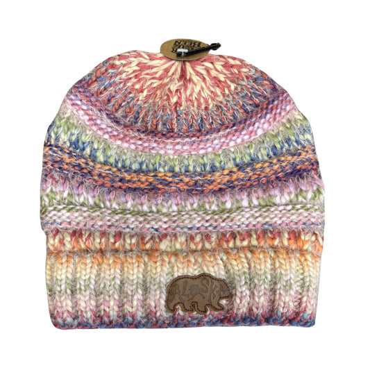 Multicolored knit beanie with a logo on a white background