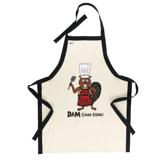 Beige apron with cartoon beaver design and 'Dam Good Cook!' text