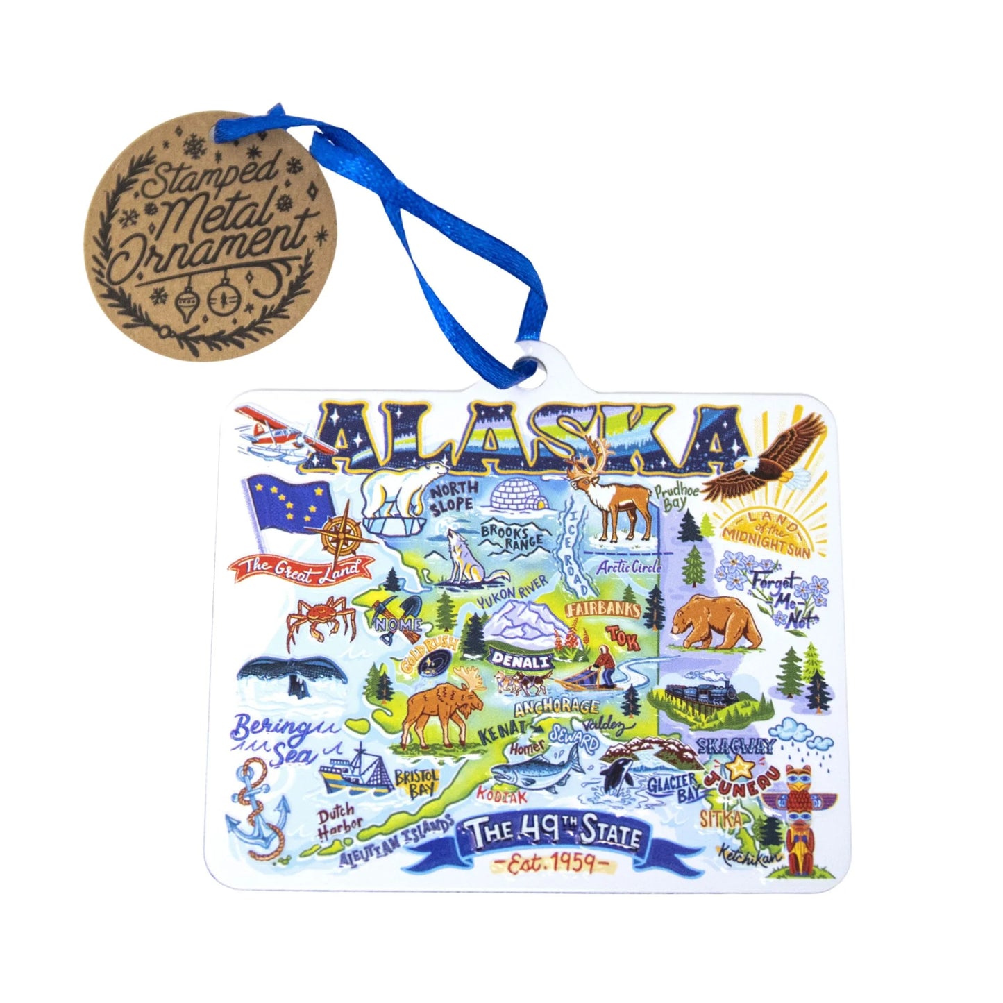 Colorful Alaska-themed metal ornament with a blue ribbon on a white background