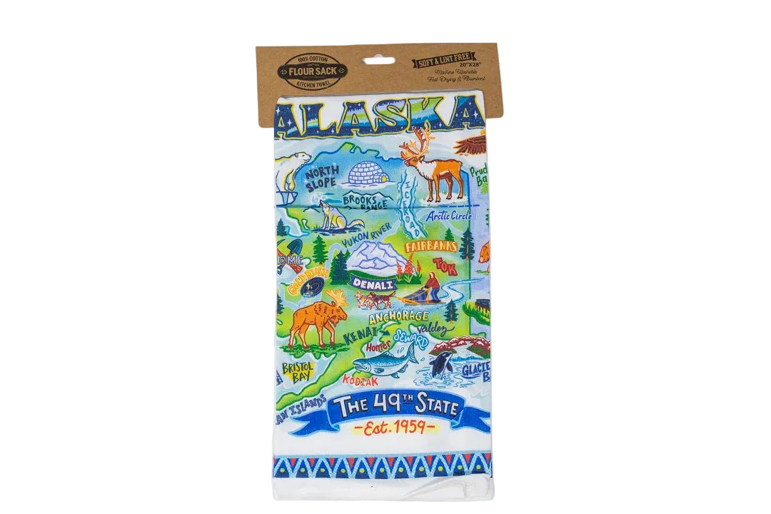 Kitchen towel with Alaska-themed design on a white background