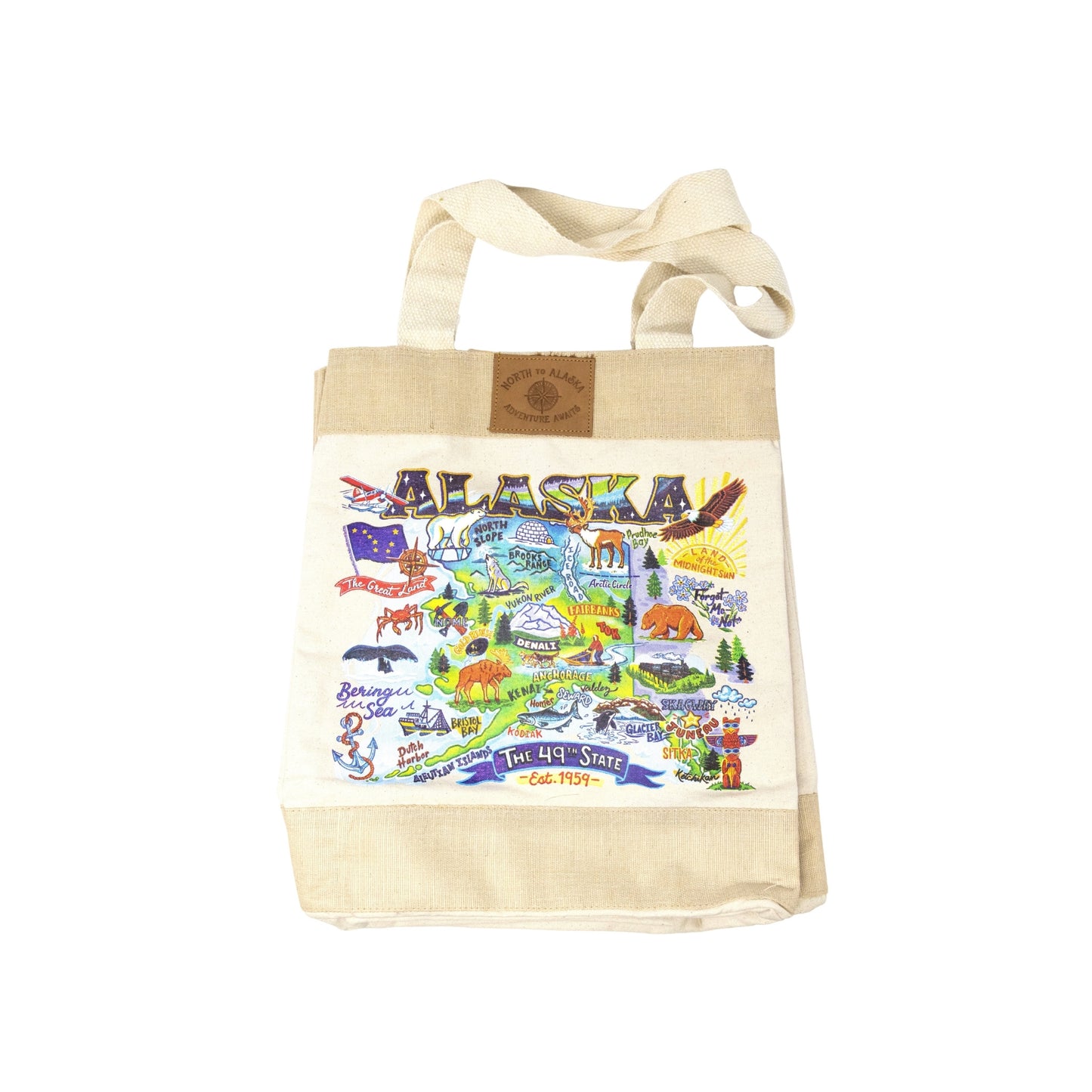 Tote bag with a colorful illustration of Alaska on a white background