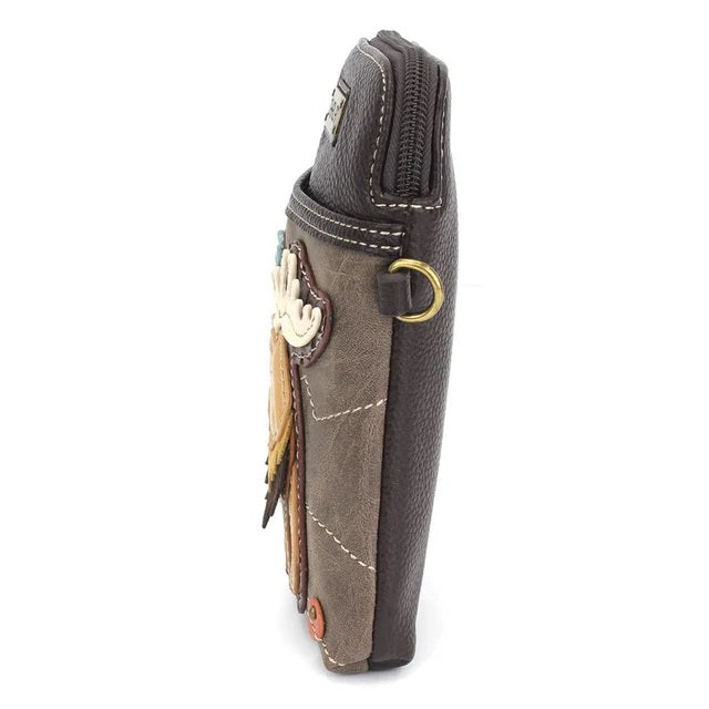 Side perspective of crossbody phone bag with moose design