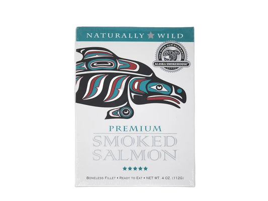 Package of Naturally Wild premium smoked salmon on a white background