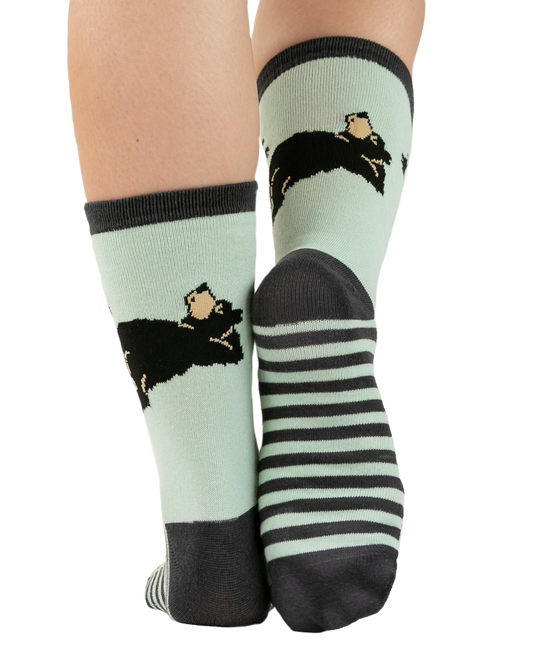 Pair of socks with black and white designs on a light green background