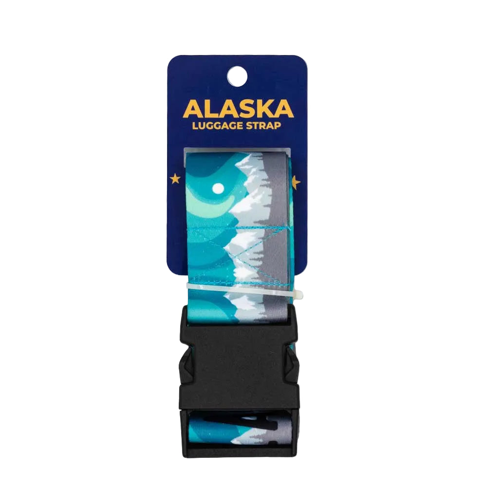 Alaska luggage strap with blue and white design on a white background