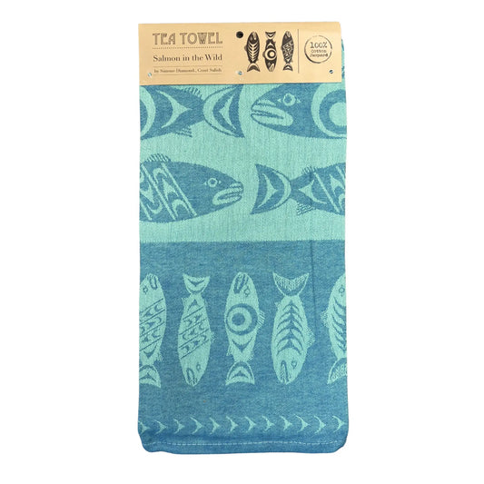 Tea towel with fish pattern and packaging
