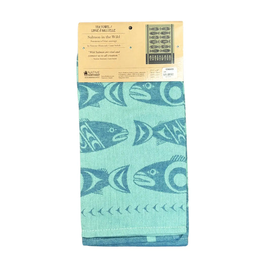 Back of tea towel with fish pattern and packaging