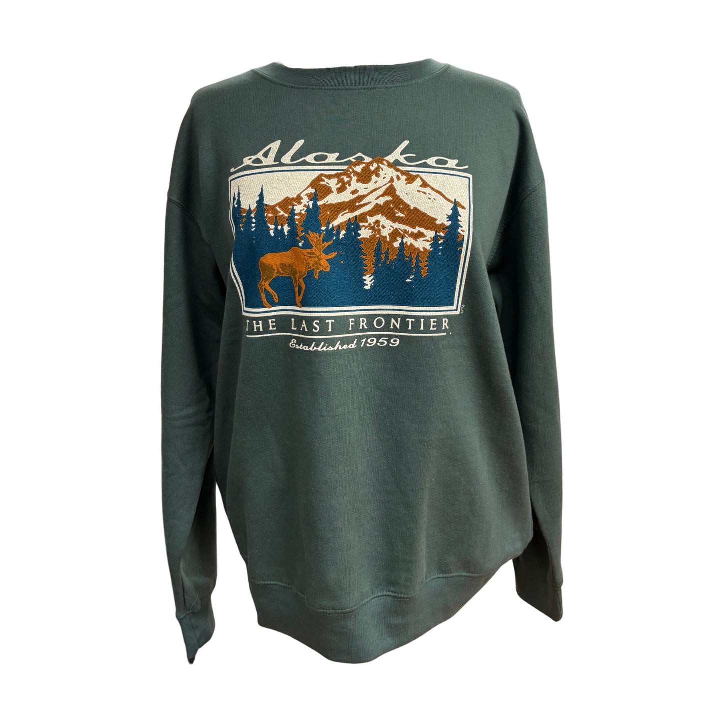 Green sweatshirt with Alaska graphic design on a white background