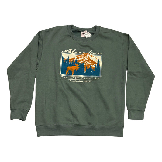 Green sweatshirt with Alaska graphic design on a white background