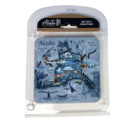 Set of 4 Alaska-themed coasters in packaging with wildlife illustrations.