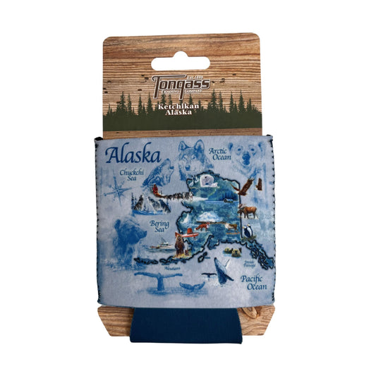 Koozie with Alaska State Map design featuring animals