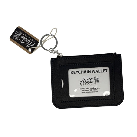 Black keychain wallet with clear window and Alaska Outfitters branding