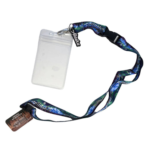 Lanyard with a colorful design and attached badge holder