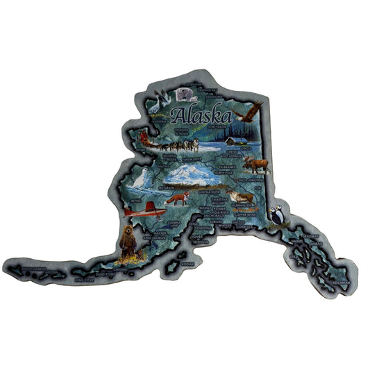 alaska state map with landmarks and animals magnet