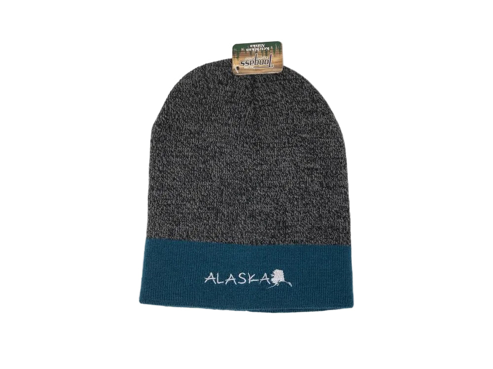 Gray and blue beanie with 'Alaska' text and state outline on a white background