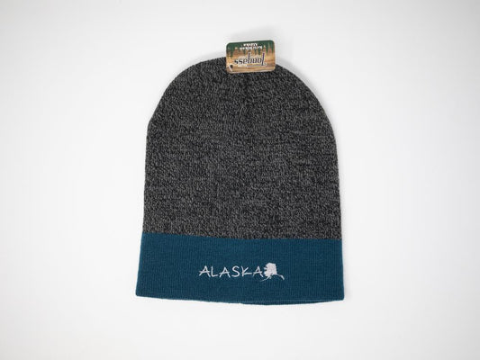 Gray and blue beanie with 'Alaska' text and state outline on a white background