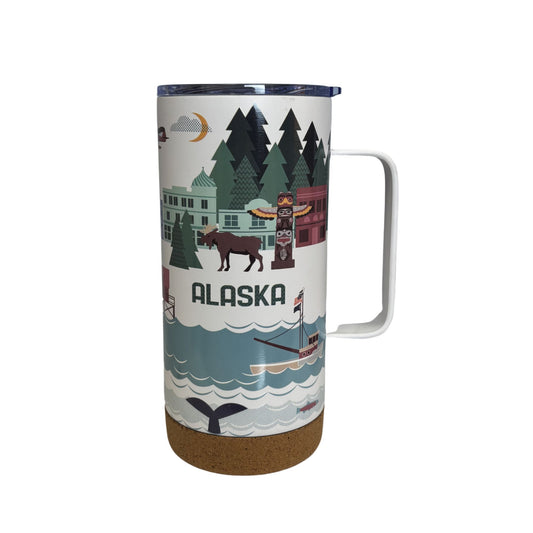 Travel mug with Alaska-themed design
