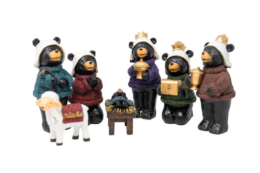 Set of bear figurines in various poses and outfits of the nativity