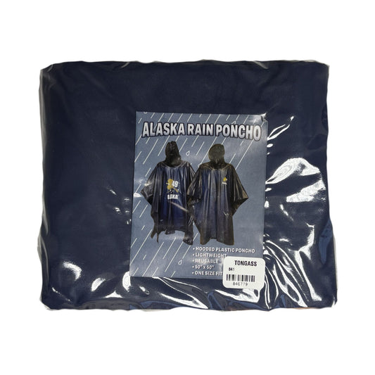 Alaska rain poncho packaging with poncho images and text on a white background