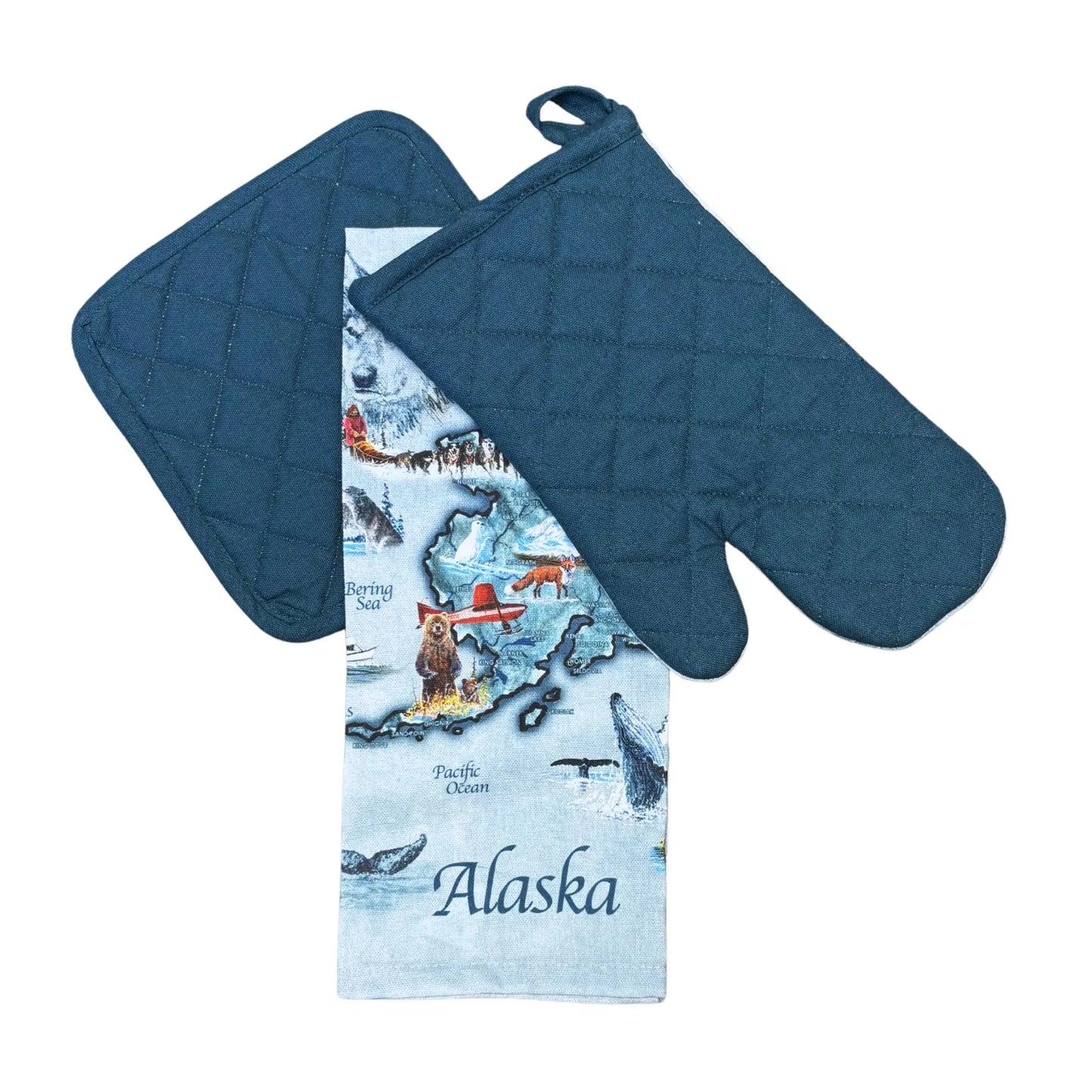 Set of blue oven mitt, potholder, and towel with Alaska design