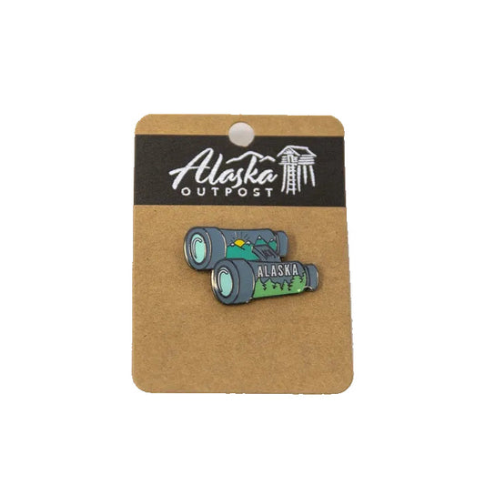 Pin on a card with 'Alaska Outpost' branding on a white background