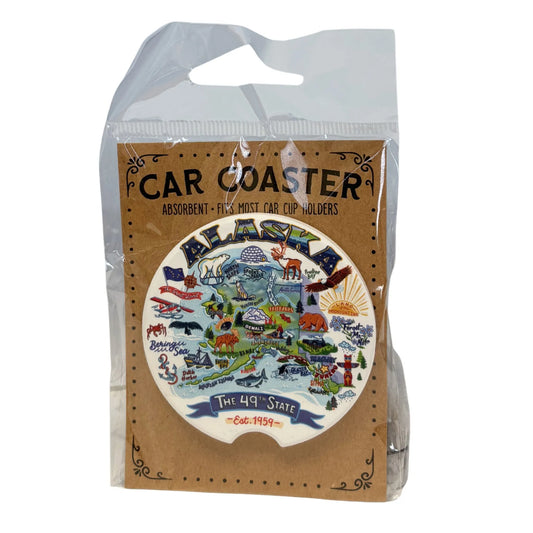 Car coaster with Alaska-themed design in packaging