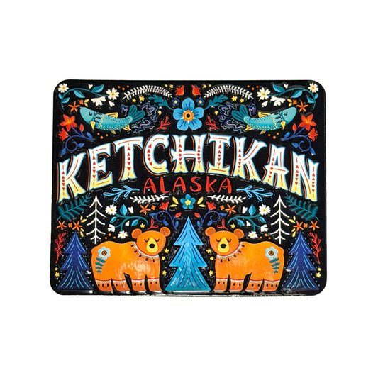 Ketchikan Alaska Magnet with folk art of bears and nature elements