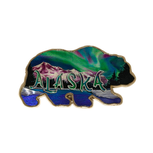 Bear shaped magnet with northern lights scenery and alaska text