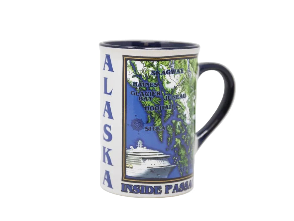 Mug with Alaska-themed design featuring a ship and nature on a white background