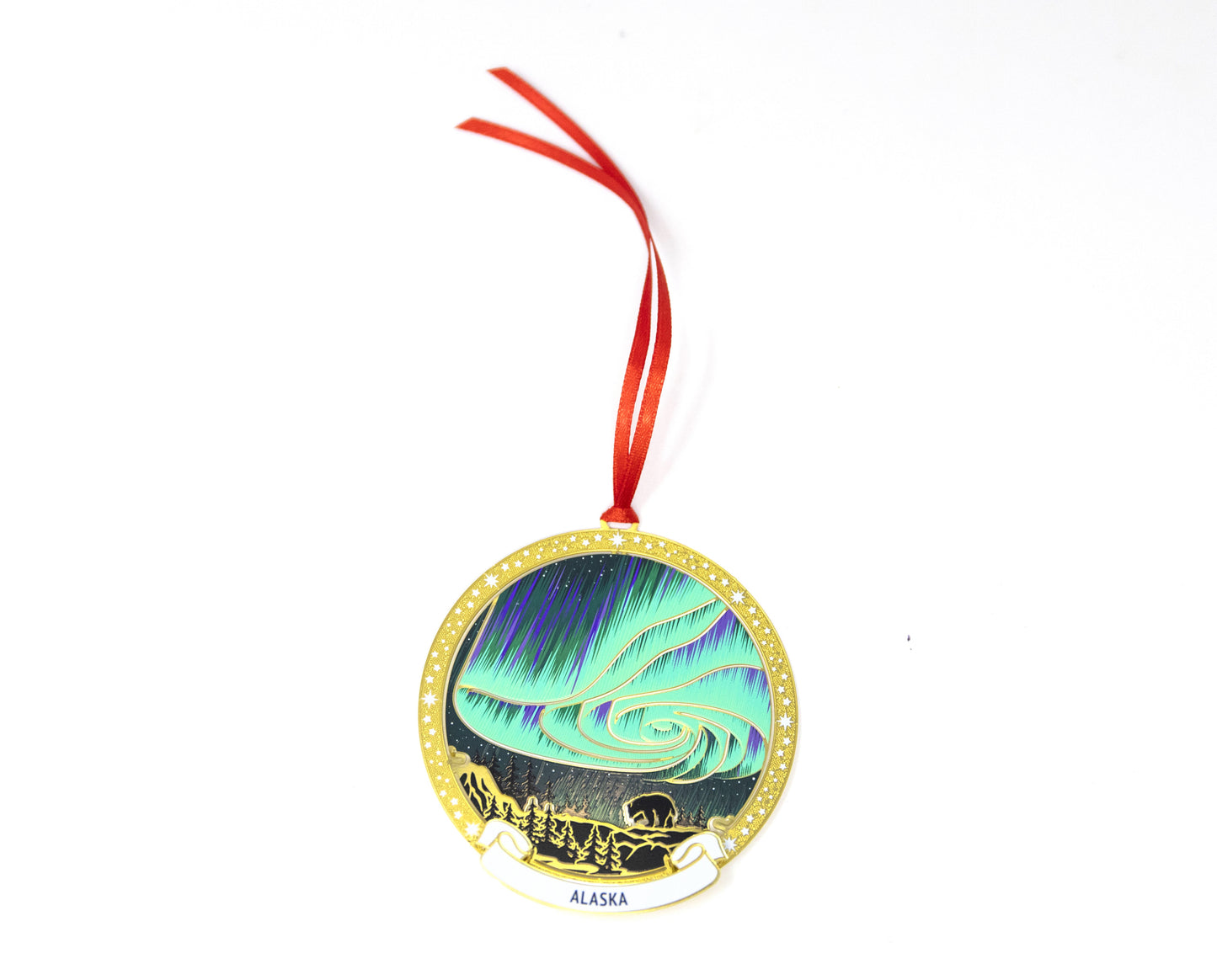 TIMELESS BRASS ORNAMENT: NORTHERN LIGHTS W/KETCHIKAN, ALASKA