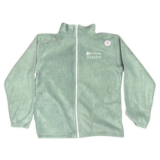 Green fleece jacket with 'Alaska' text on a white background