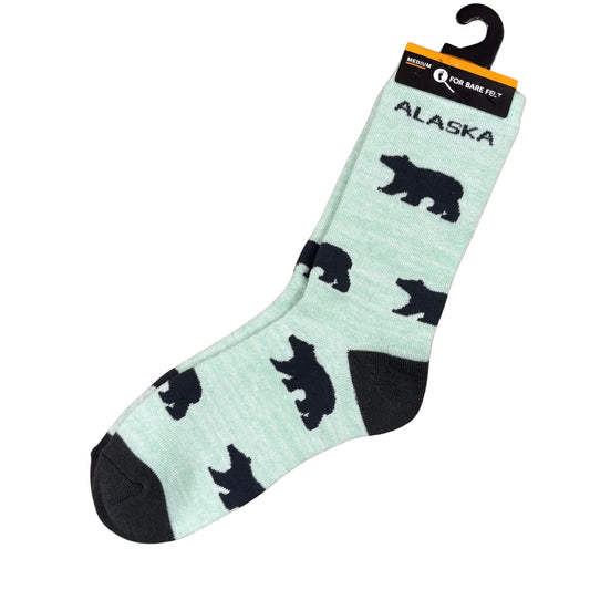 Light blue sock with black bear pattern and 'Alaska' text on a white background