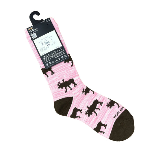Pink sock with brown moose pattern on a white background