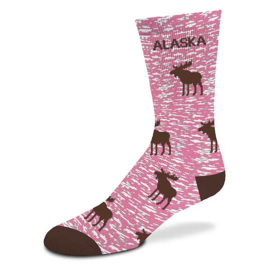 Pink sock with brown moose pattern and 'Alaska' text
