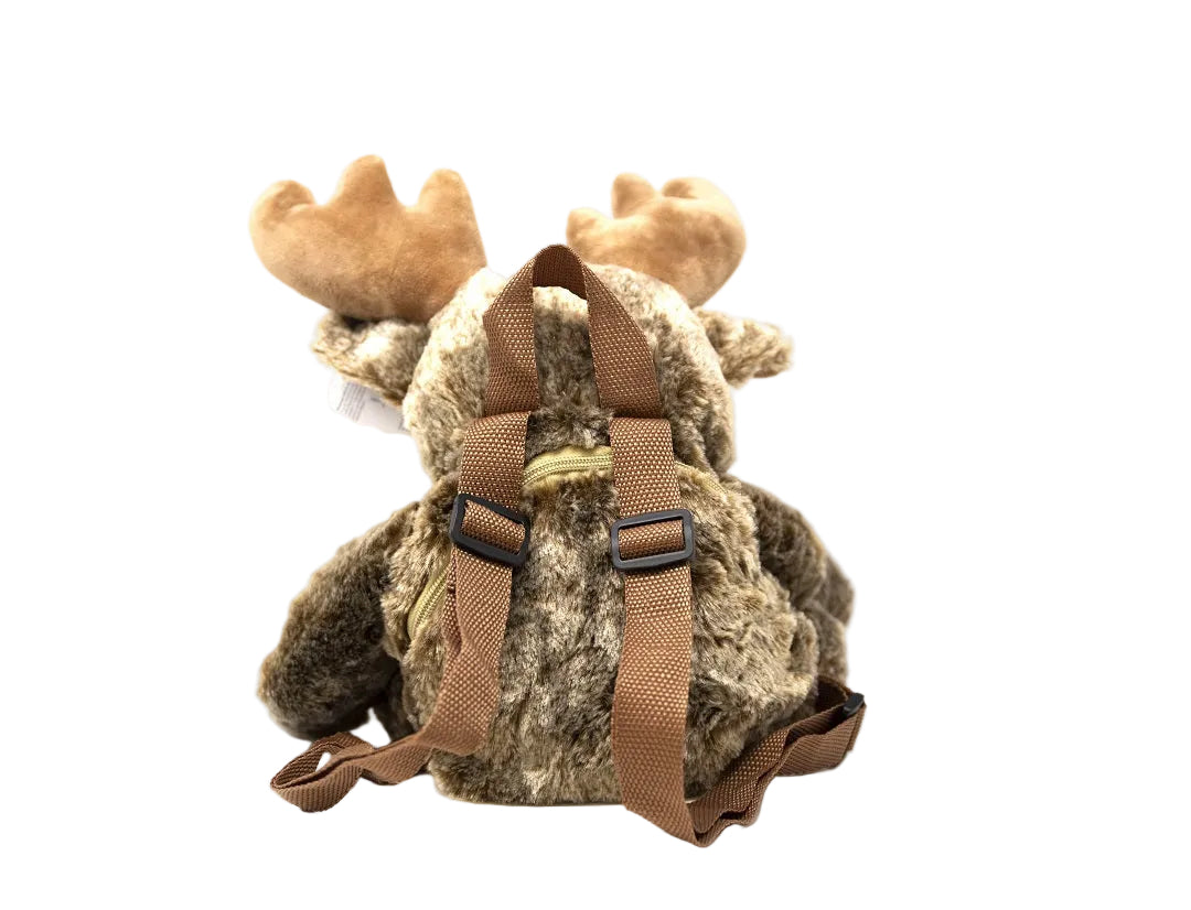 Plush moose backpack with brown straps on a white background