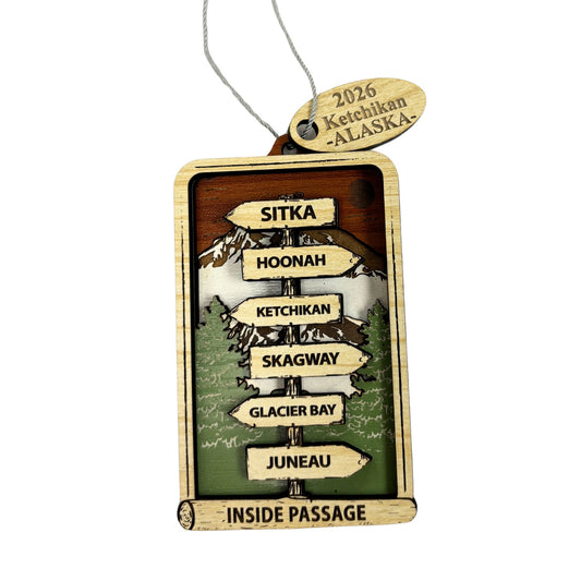 Wooden Ornament with Alaska cities on a signpost