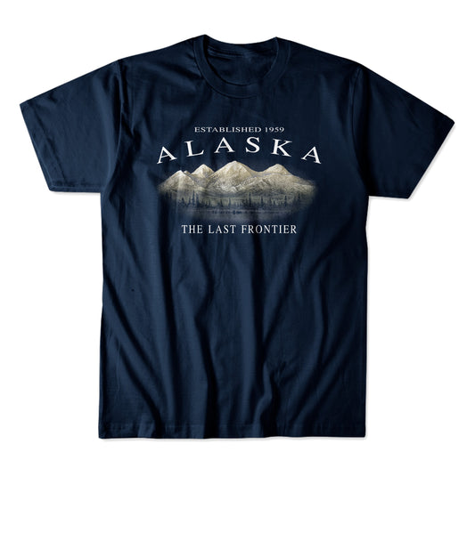 Blue Alaska tshirt with a hazy mountain design
