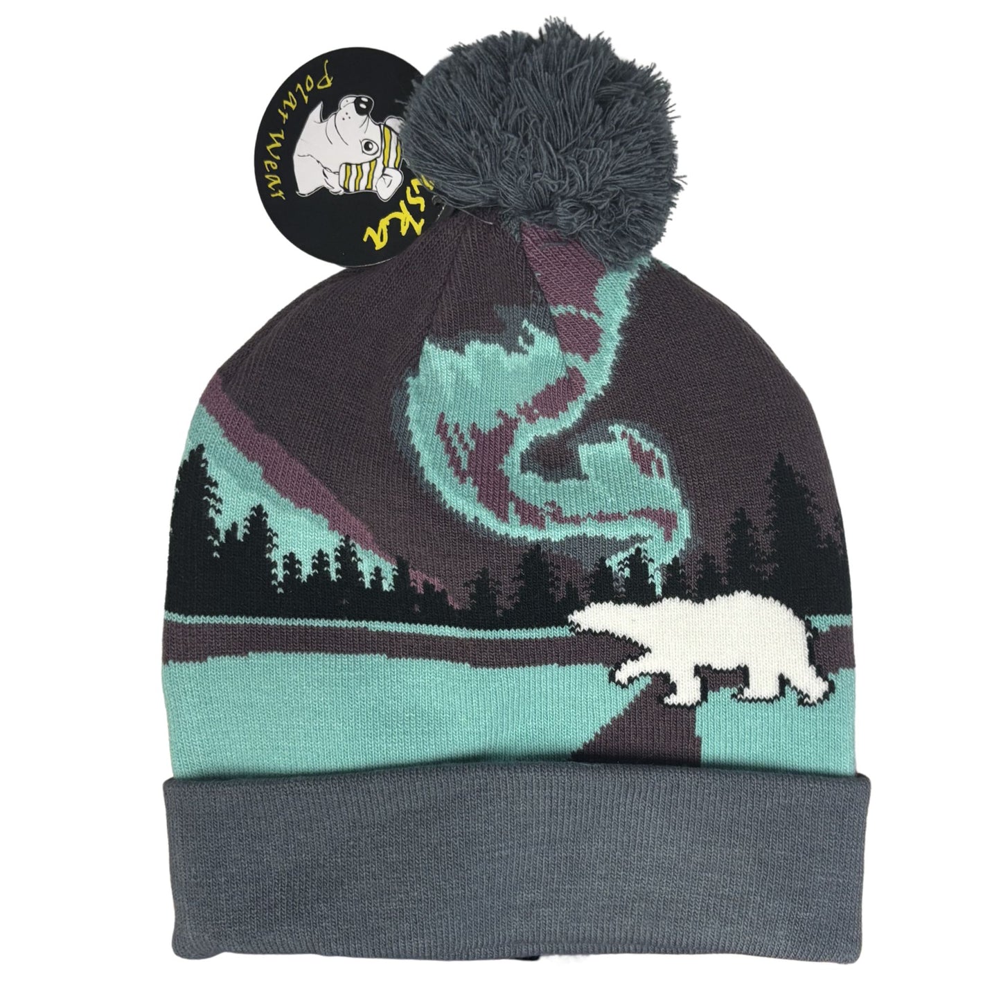 beanie with a design of a bear and trees