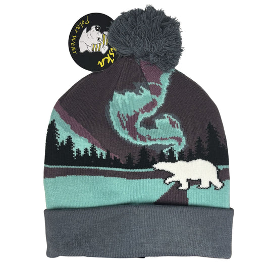 beanie with a design of a bear and trees