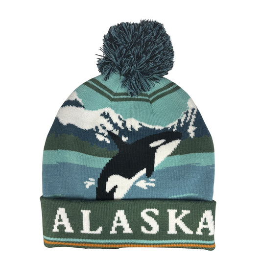 Knitted hat with Alaska text and orca whale design