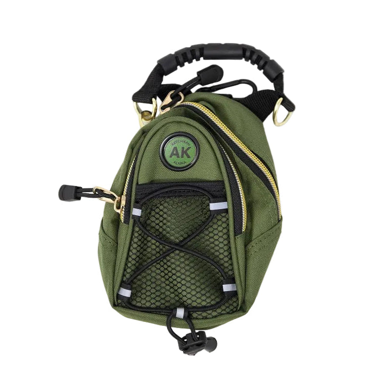 Green day pack with a handle and mesh side on a white background