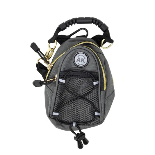 Small gray backpack with brand logo on a white background