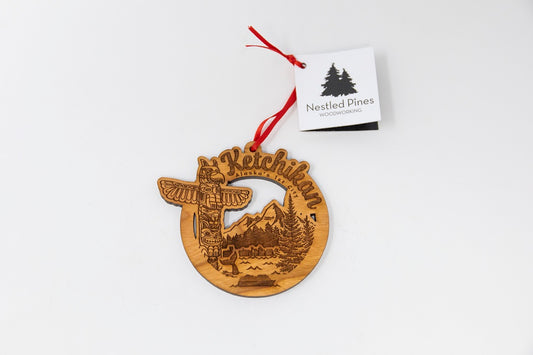 LAZER ENGRAVED WOOD TOTEM POLE/MOUNTAIN ORNAMENT