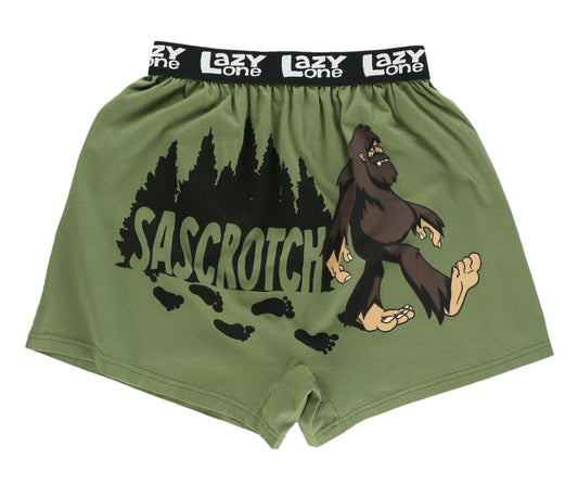 Green boxer shorts with a bigfoot graphic and 'Sascrotch' text on a white background